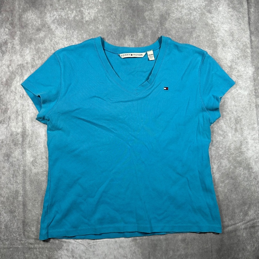 Tommy Hilfiger Women XXL Turquoise Blue V-Neck Short Sleeve Logo Classic T-Shirt